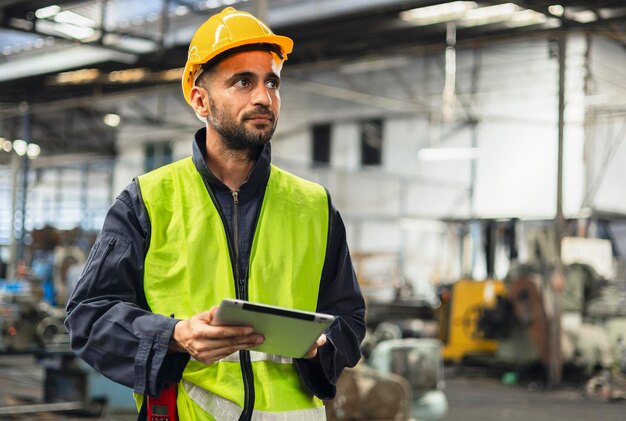 Foto engenheiro olhar projetos e planejamento com tablet móvel na fábrica