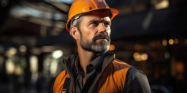 Engenheiro ou arquiteto com capacete de segurança na frente de um canteiro de obras exalando confiança