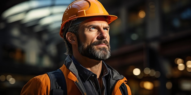 Engenheiro ou arquiteto com capacete de segurança na frente de um canteiro de obras exalando confiança