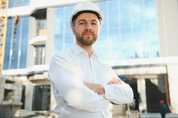 Engenheiro ou arquiteto de sucesso, guindaste e construção civil em backgrpound. empresário alegre usando capacete