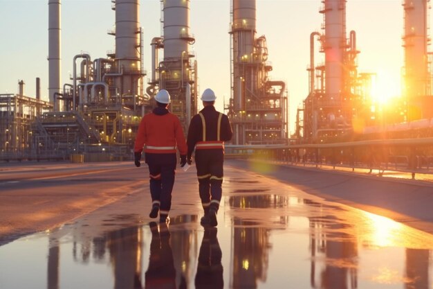 Engenheiro ou técnico usando capacete de segurança e trabalhando em planta petroquímica ao pôr do sol