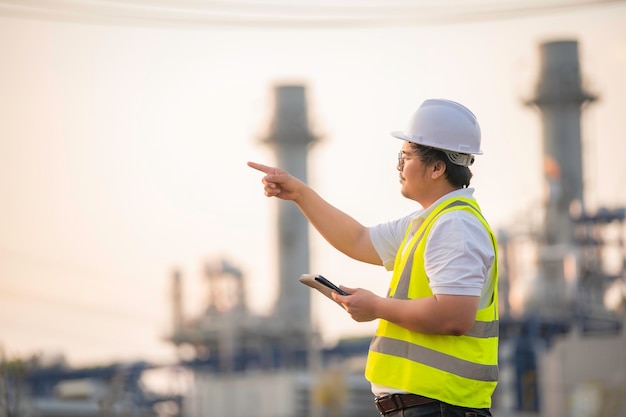 Engenheiro petroquímico de homem asiático trabalhando na fábrica de indústria de plantas de refinaria de petróleo e gásO homem trabalhador de pessoas engenheiro de controle de trabalho na fabricação de indústria de energia de usina