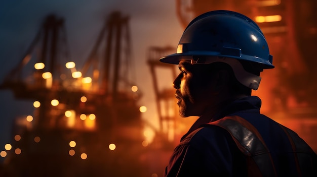 Engenheiro petroquímico vestindo uniforme de segurança e capacete na fábrica de refinaria de petróleo com antecedentes noturnos