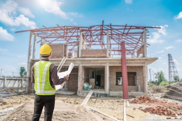 Engenheiro profissional em capacete de proteção e papel de plantas no canteiro de obras de construção de casas