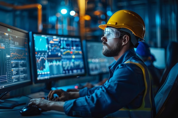 Foto engenheiro qualificado e experiente manutenção do servidor da sala de controlo da fábrica de infra-estruturas energéticas