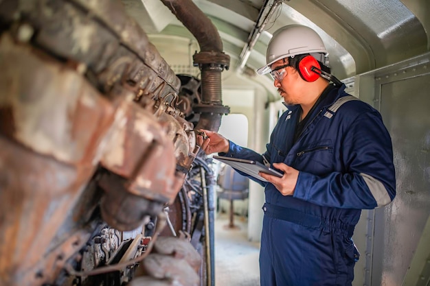 Engenheiro que inspeciona grandes máquinas em fábricas Técnico de manutenção de motores ferroviários Gerente mecânico de reparação de motores