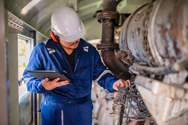 Engenheiro que inspeciona grandes máquinas em fábricas Técnico de manutenção de motores ferroviários Gerente mecânico de reparação de motores