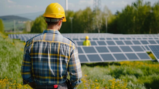 Engenheiro que verifica o sistema de alimentação por painéis solares, inspecciona e faz medições