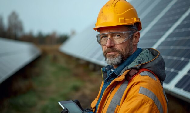 Engenheiro segurando um tablet na frente de um solar Um homem em equipamento de segurança, incluindo um capacete, de pé em um canteiro de obras