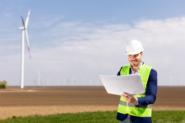 Engenheiro sorridente revisando planos perto de turbinas eólicas em um dia ensolarado