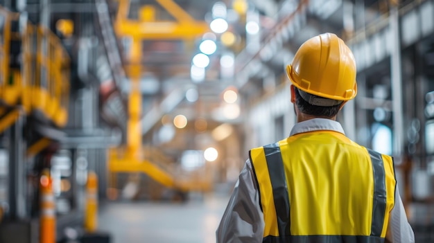 Engenheiro supervisionando o chão de uma fábrica industrial Uma vista traseira de um engenheiro com um chapéu amarelo olhando para as operações movimentadas de um chão de fábrica industrial