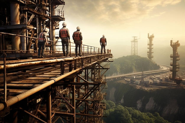 Engenheiro técnico a observar a equipa de trabalhadores na plataforma de aço alta