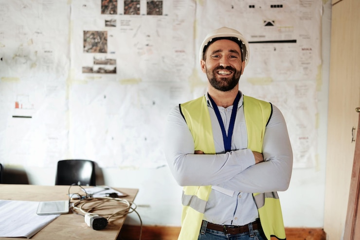 Foto engenheiro técnico ou trabalhador da construção civil feliz por trabalhar no escritório para arquitetura de construção e projeto de construção retrato de um gerente com sorriso para meta de visão e carreira em engenharia
