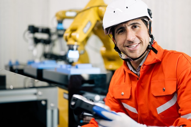 Foto engenheiro técnico profissional segurando controlador de robô verificando máquina robótica automática