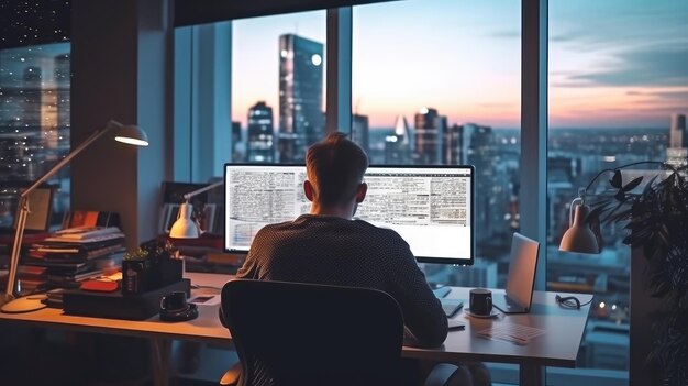 engenheiro trabalhando em frente a uma tela de computador no escritório moderno