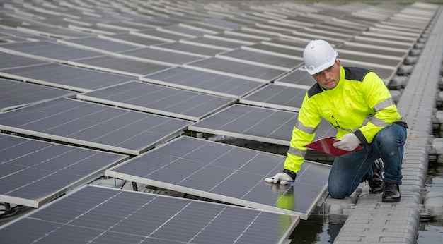 Engenheiro trabalhando em uma fazenda solar flutuante Verificação e manutenção com baterias solares perto de painéis solares Supervisor Verifica o sistema na central solar