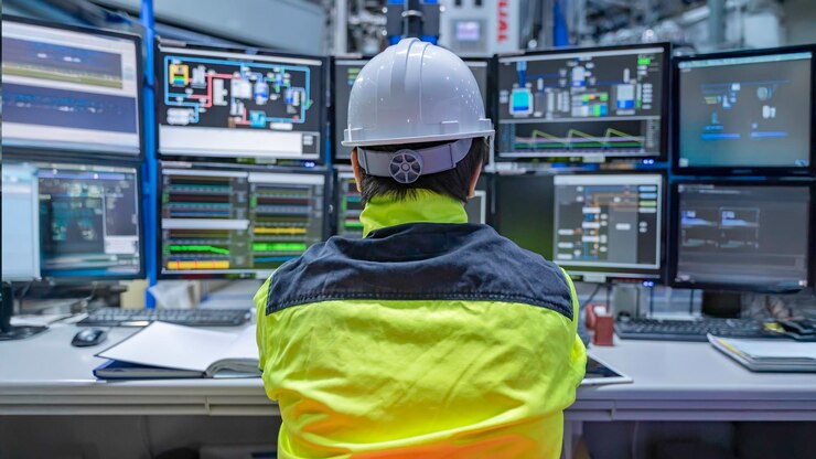 Engenheiro trabalhando na sala de controle na fábrica Gerente do sistema de controle na planta industrial Técnico homem programa de monitoramento de um monte de monitor