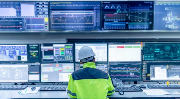 Engenheiro trabalhando na sala de controleSistema de controle do gerenteTécnico que monitora o programa de muitos monitores