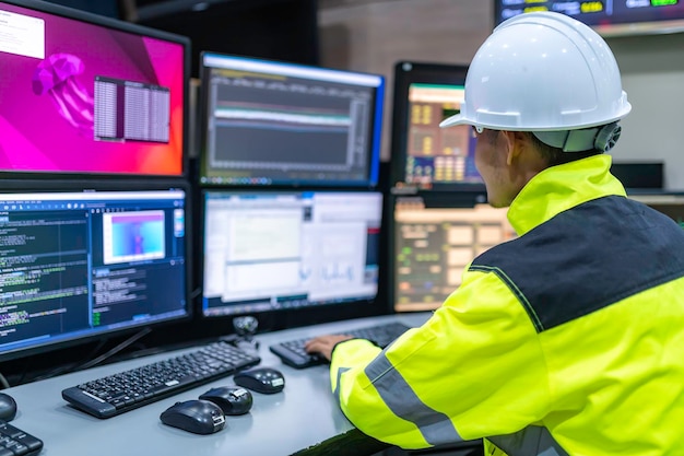 Engenheiro trabalhando na sala de controleSistema de controle do gerenteTécnico que monitora o programa de muitos monitores