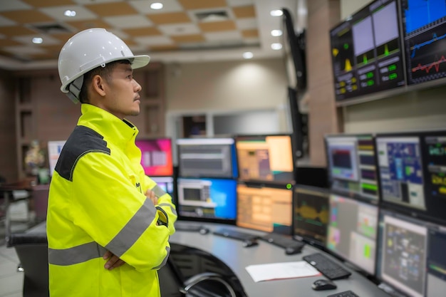 Engenheiro trabalhando na sala de controleSistema de controle do gerenteTécnico que monitora o programa de muitos monitores