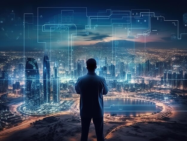 Engenheiro trabalhando no mapa de holograma horizonte de dubai e cloudscape gerado por ai