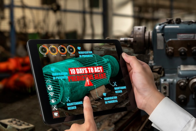 Engenheiro usa software de realidade aumentada na linha de produção de fábrica inteligente