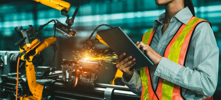 Foto engenheiro usa software robótico avançado para controlar o braço robótico da indústria na fábrica