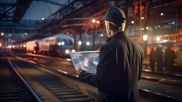 Engenheiro usa um tablet para inspecionar e analisar a rota de um sistema de informação de trem em rede antes de lançar a Geração AI