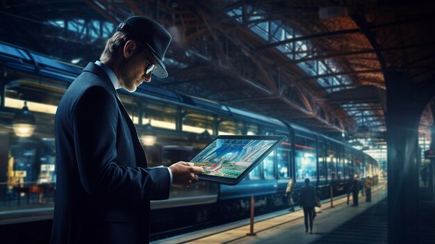 Engenheiro usa um tablet para inspecionar e analisar a rota de um sistema de informação de trem em rede antes de lançar a Geração AI
