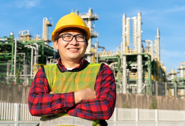 Engenheiro usa uniforme de capacete de segurança trabalha com tecnologia de segurança com refinaria de petróleo petroquímica petróleo química plástico negócios industriais em segundo plano