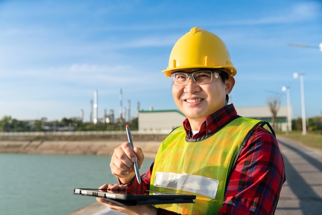 Engenheiro usa uniforme de capacete de segurança trabalhando com tecnologia de desenho petroquímico de refinaria de petróleo