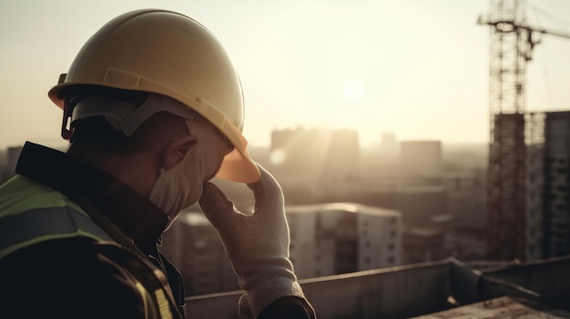 Engenheiro usando capacete de segurança e óculos de segurança trabalhando no canteiro de obras ao pôr do sol generative ai