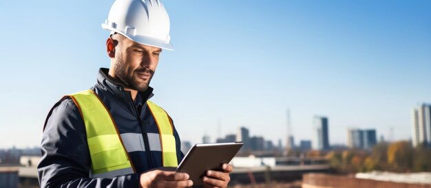 engenheiro usando capacete e pano de segurança usando um tablet digital