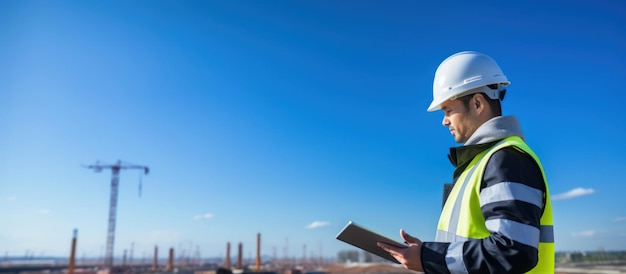 engenheiro usando capacete e pano de segurança usando um tablet digital