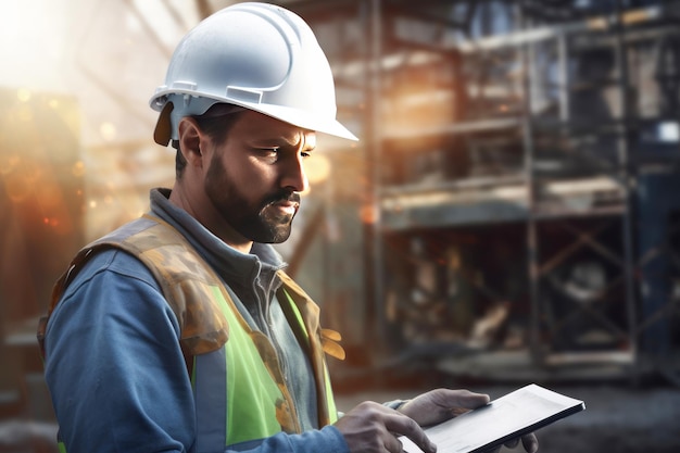 engenheiro usando tablet no canteiro de obras