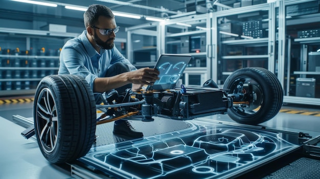 Engenheiro varre protótipo de chassi de carro elétrico com rodas, baterias e motor em um tablet com software de realidade aumentada em laboratório de desenvolvimento de alta tecnologia