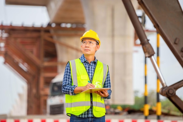 Engenheiro verificando projeto no canteiro de obras Homem de capacete de segurança com lista de verificação da prancheta no canteiro de obras de infraestrutura