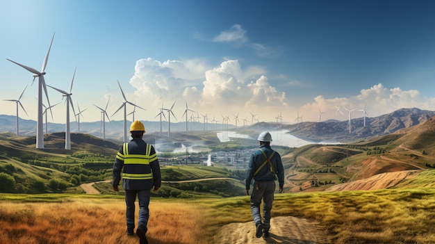Engenheiros adornados com capacetes de segurança inspecionando turbinas eólicas com colinas ao fundo destacando a indústria de energia eólica em expansão