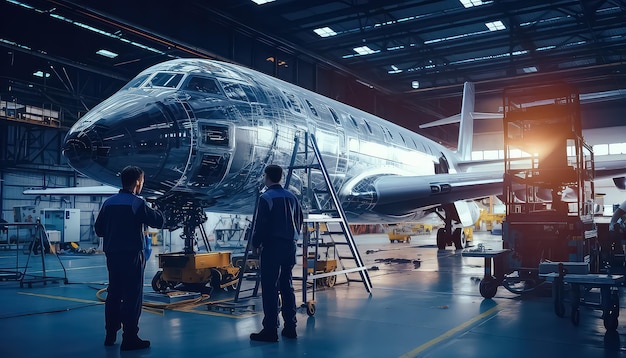 Foto engenheiros aeroespaciais trabalhando em protótipo de veículo aéreo não tripulado