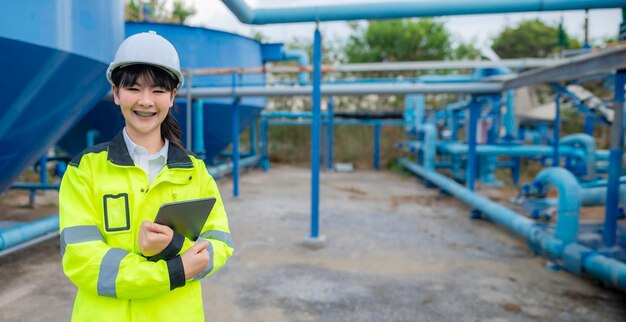 Engenheiros ambientais trabalham em estações de tratamento de águas residuais Engenharia de abastecimento de água trabalhando em estação de reciclagem de água para reutilização Verifique a quantidade de cloro na água para estar dentro dos critérios