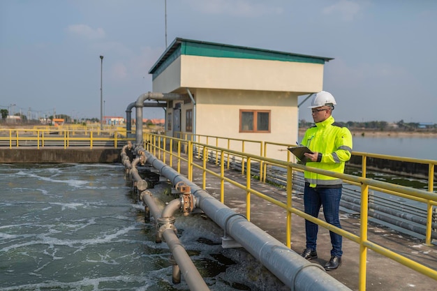 Engenheiros ambientais trabalham em estações de tratamento de águas residuais Engenharia de abastecimento de água trabalhando em estação de reciclagem de água para reutilização