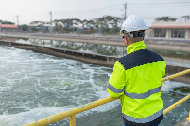 Engenheiros ambientais trabalham em estações de tratamento de águas residuais Engenharia de abastecimento de água trabalhando em estação de reciclagem de água para reutilização