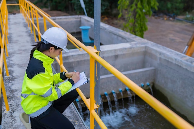 Engenheiros ambientais trabalham em estações de tratamento de águas residuais Engenharia de abastecimento de água trabalhando em estação de reciclagem de água para reutilizaçãoVerifique se a quantidade de cloro na água está dentro dos critérios