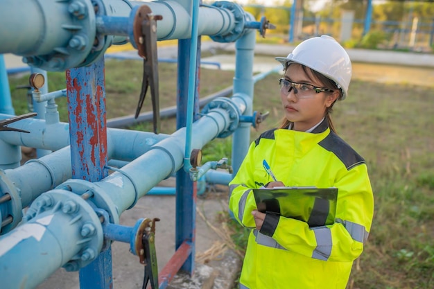 Engenheiros ambientais trabalham em estações de tratamento de águas residuais Técnico encanador feminino que trabalha no abastecimento de água