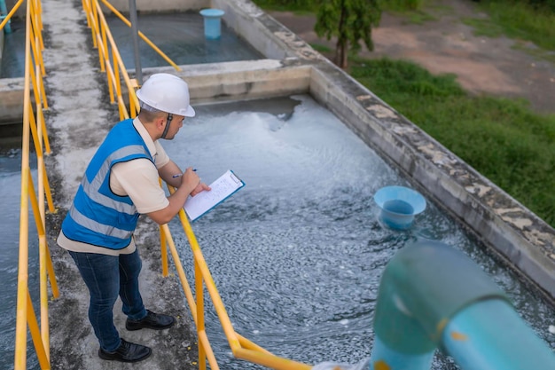Engenheiros ambientais trabalham em estações de tratamento de águas residuaisEngenharia de abastecimento de água trabalhando em estação de reciclagem de água para reutilização