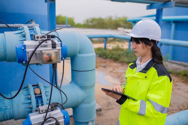 Engenheiros ambientais trabalham em estações de tratamento de águas residuaisEngenharia de abastecimento de água trabalhando em estação de reciclagem de água para reutilizaçãoVerifique se a quantidade de cloro na água está dentro dos critérios