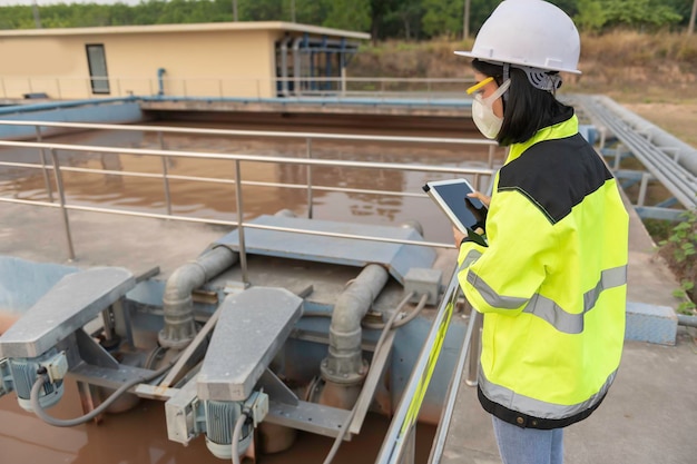 Engenheiros ambientais trabalham em estações de tratamento de águas residuaisEngenharia de abastecimento de água trabalhando em usina de reciclagem de água para reutilização