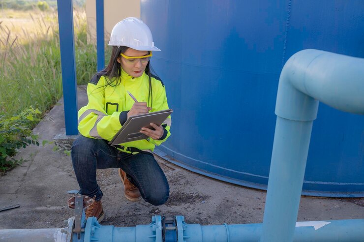 Engenheiros ambientais trabalham em estações de tratamento de águas residuaisTécnica de encanador feminino trabalhando no abastecimento de água