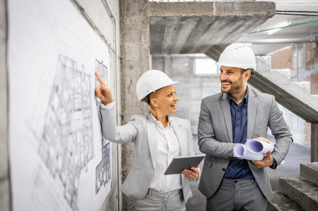 Foto engenheiros civis trabalhando juntos no canteiro de obras, controlando e inspecionando o processo de construção