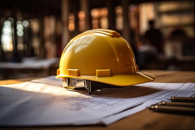 Engenheiros de chapéu duro deitados em planos com a construção na mesa